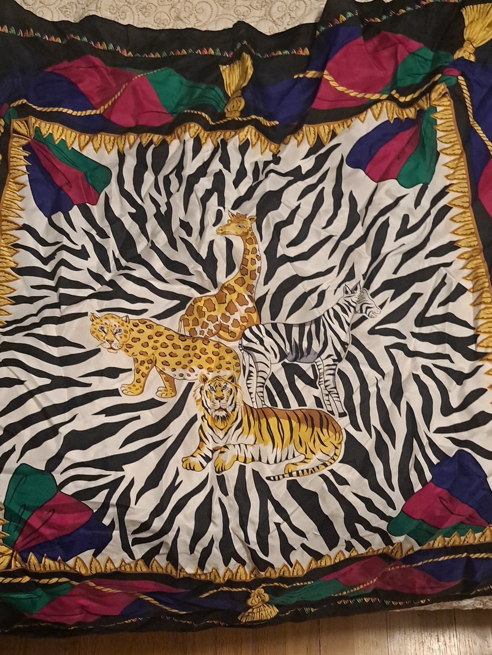 Wildlife Safari Wall Tapestry in Black, White & Multicolor Vintage Silk Diane Vo